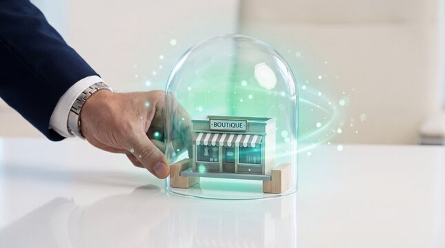 Hand placing glass dome over miniature boutique for business protection with businessperson placing transparent