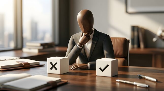 Business decision making dilemma with thoughtful corporate executive mannequin choosing between approval checkmark and rejection cross