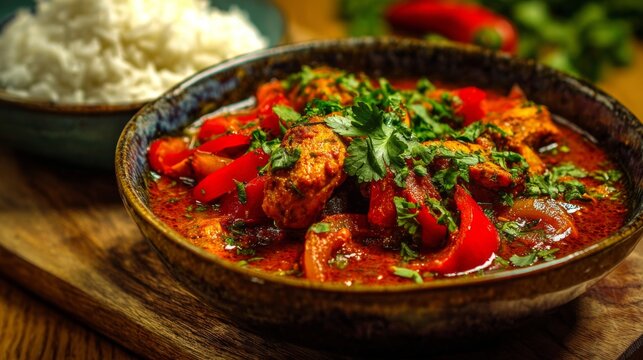 Indian chicken jalfrezi curry with bell peppers, tomatoes and fresh herbs, spicy traditional south asian chicken gravy served in a rustic bowl, authentic homemade restaurant style food