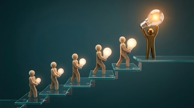 Visionary leadership driving team innovation with golden figure holding glowing lightbulb at the top of glass staircase of success