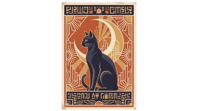 1920s Art Deco Poster with Black Cat and Crescent Moon, Egyptian Bastet Style, Vintage Halloween Vector