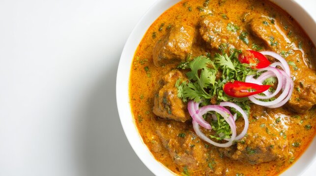 Indian food bowl isolated on white background, authentic traditional south asian cuisine with flavorful curry meal, top view of homemade restaurant style dish, delicious gourmet lunch or dinner, copy 