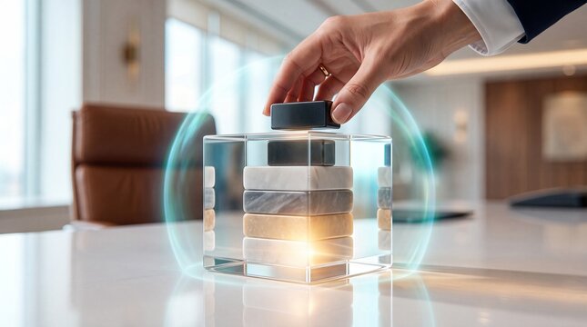 Business professional placing stone block on stack inside transparent geometric shield concept for asset protection