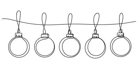 Obraz premium Continuous one line drawing of five hanging christmas bauble ornaments