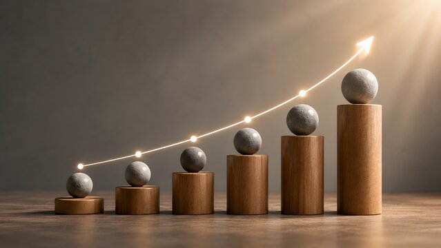 Glowing upward graph over stone spheres on wooden pillars