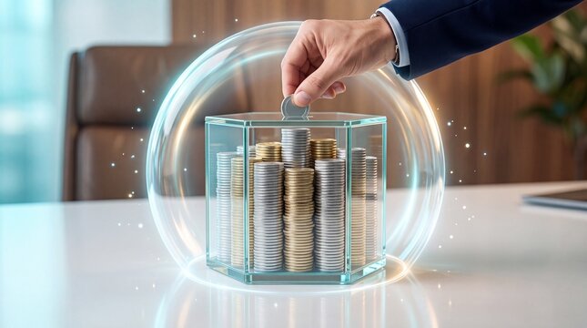 Businessman placing silver coin into transparent hexagonal savings container protected by glowing energy force field