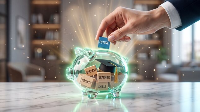Hand placing block into glass piggy bank with education concepts with symbolizing investment personal