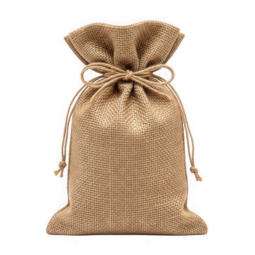 Brown burlap drawstring pouch isolated