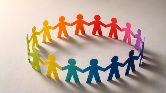 Colorful paper people holding hands in circle for unity concept