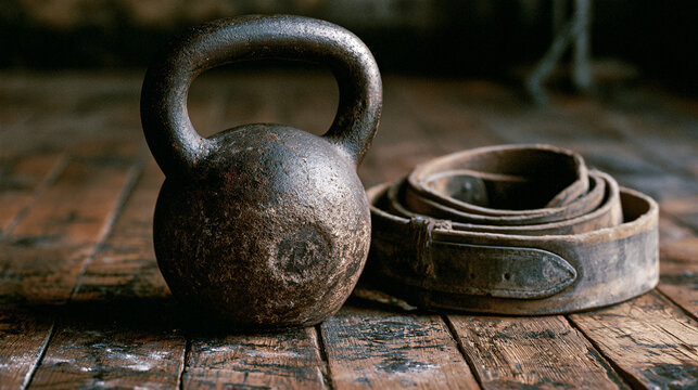 Old Kettlebell and Weightlifting Belt on Wooden Floor.