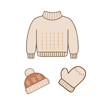 Set of Cozy Winter Clothes Hand Drawn Knit Sweater Beanie and Mitten Icons