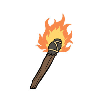 Burning wooden torch with bright flame cartoon illustration for children education isolated on transparent background
