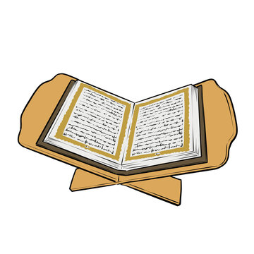 Open Holy Quran book on wooden rehal stand cartoon illustration for children education isolated on transparent background
