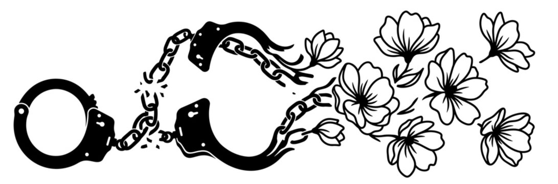 Broken handcuffs transforming into blooming flowers illustration.