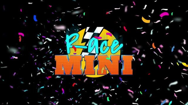 Race Mini logo features a checkered flag icon and bold orange lettering set against a dark background with scattered confetti.
