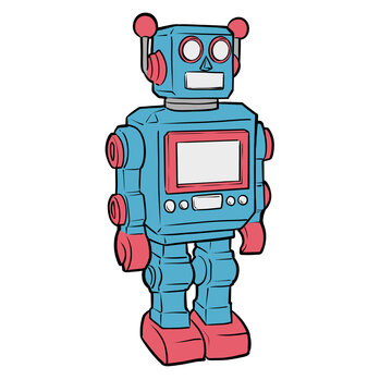 Cute retro toy robot cartoon illustration for children education isolated on transparent background
