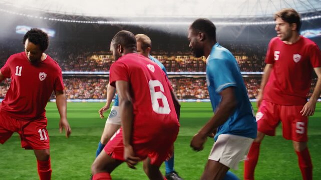 Soccer player with ball control in attack action running forward, striker accelerating with possession and agility past defenders.