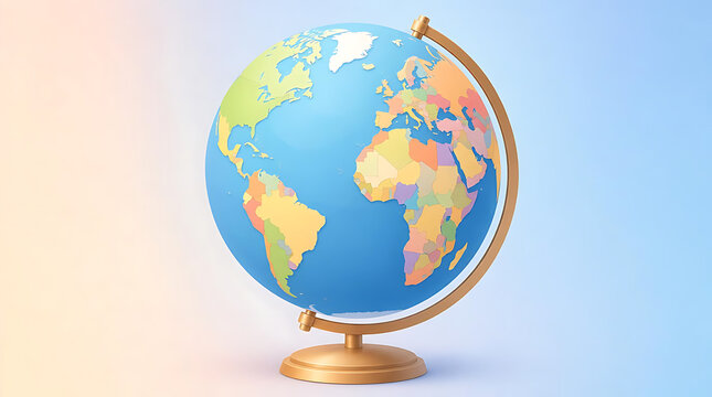 A colorful desktop globe showing the continents of the world on a stand.