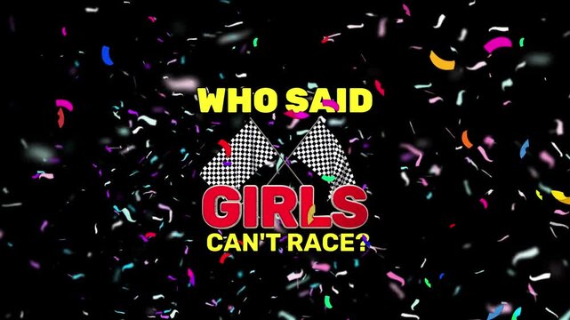 Checkered racing flags display on a black background surrounded by a flurry of vibrant confetti to celebrate a competitive victory.