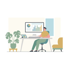 Fototapeta premium This flat vector illustration depicts a man working at his desk, analyzing various data charts on a computer screen in a modern home office setting.