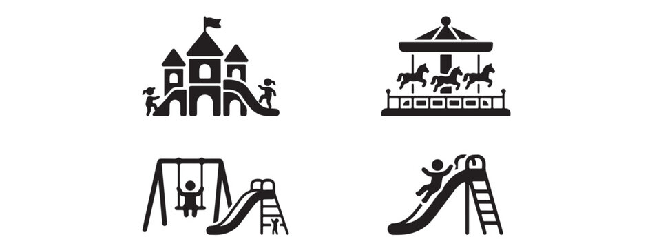 Playground equipment set featuring castle slide carousel and swings