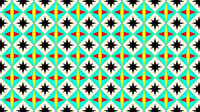 Geometric seamless pattern with interlocking cyan, red, and yellow diamonds and black stars on an off-white background