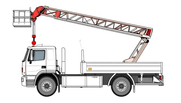 Red utility truck with cherry picker extended.