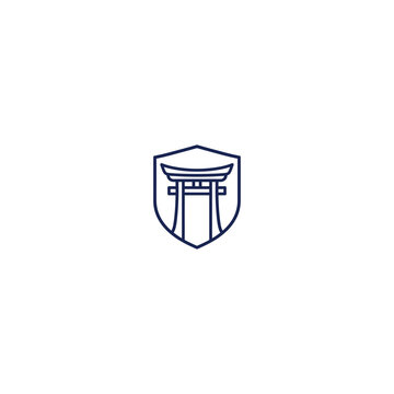 line art vector illustration of a traditional Japanese Torii gate within a shield shape