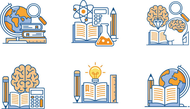 School education and science research linear color vector icons setSchool education and science research linear color vector icons set