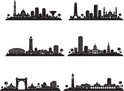 Africa west coast skyline silhouette set minimalist vector Lagos Accra Dakar Abidjan Freetown Monrovia Conakry Banjul Nouakchott