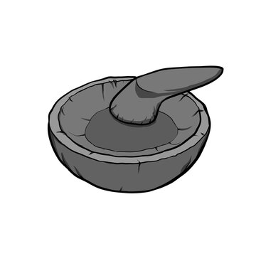 Cartoon illustration of an Indonesian traditional stone mortar and pestle cobek ulekan on transparent background