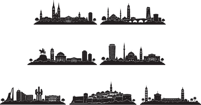 Balkan cities skyline silhouette set minimalist vector Belgrade Zagreb Sarajevo Skopje Tirana Podgorica Pristina Dubrovnik Split