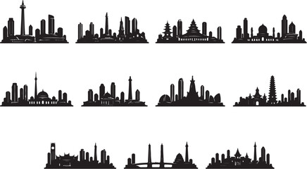 Obraz premium Indonesia Cities Skyline Silhouette Set Minimalist Black Vector Illustration Urban Cityscape Collection