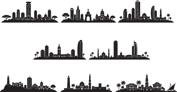 East Africa skyline silhouette bundle minimalist vector Nairobi Addis Ababa Kampala Kigali Dar es Salaam Mogadishu Djibouti City Asmara Zanzibar
