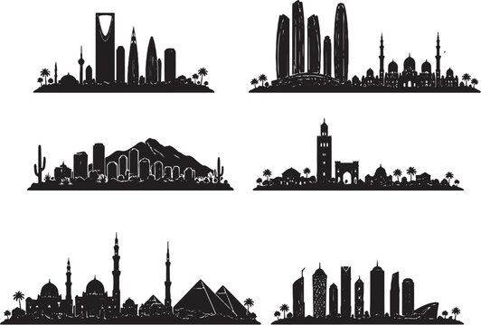 Desert city skyline silhouette set minimalist vector Dubai Riyadh Doha Phoenix Las Vegas Marrakech Cairo Abu Dhabi