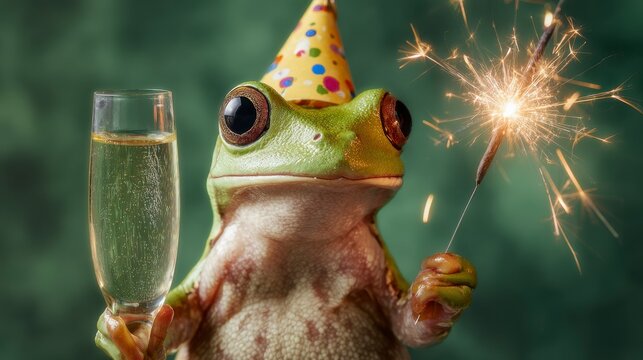 A whimsical image features a cheerful frog adorned with a party hat and holding both a champagne flute and a sparkler. The background is a soft green