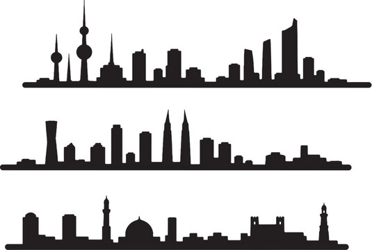 Gulf region skyline silhouette set minimalist vector Kuwait City Manama Muscat geometric cityscape collection