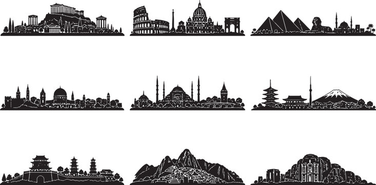 Historic world cities skyline silhouette collection minimalist vector Athens Rome Cairo Jerusalem Istanbul Kyoto Xian Cusco Machu Picchu Petra