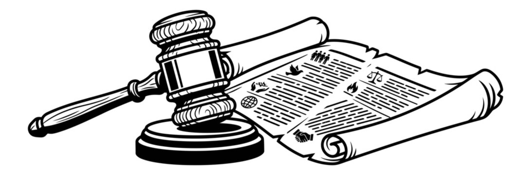 A black and white line art illustration featuring a wooden judge gavel resting on a sound block next to a rolled legal document or scroll.
