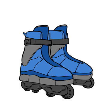Cartoon illustration of a pair of blue inline skates rollerblades on transparent background