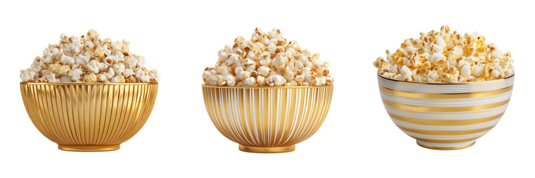Set of A classic striped popcorn tub overflowing with freshly popped buttery popcorn on transparent png background. Ai generated