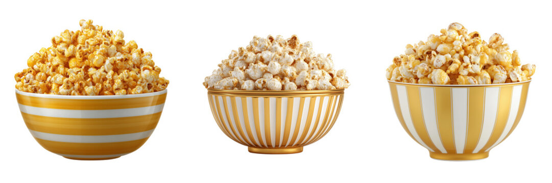 Set of A colorful ceramic bowl filled with popcorn on transparent png background. Ai generated