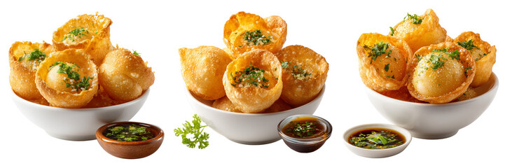 Fototapeta premium Set of A crispy pani puri recipe with golden hollow puris on transparent png background. Ai generated