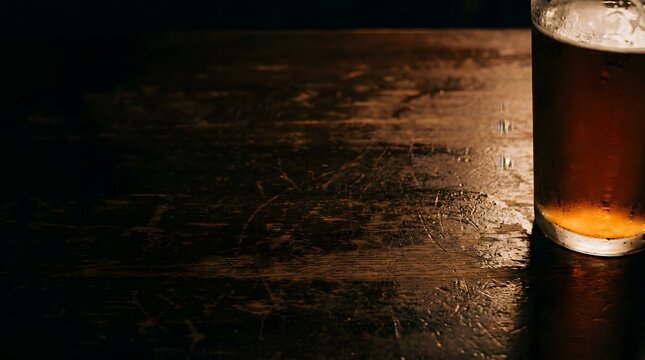 Glass of Cold Refreshing Golden Beer Placed on a Weathered Dark Wooden Bar Table Surface