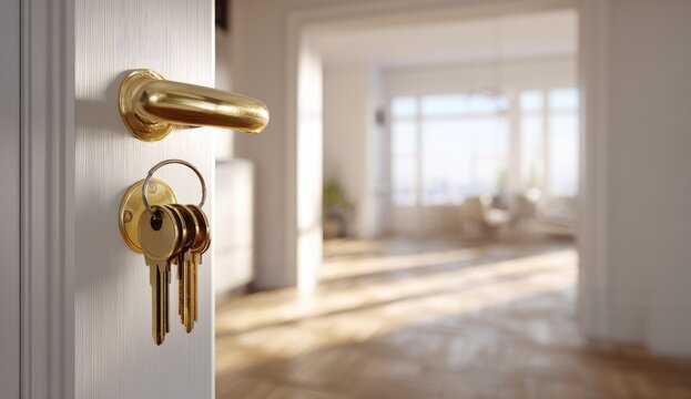 Close-up view of a door ajar, with gold hardware and keys. Soft light illuminates a bright, welcoming interior
