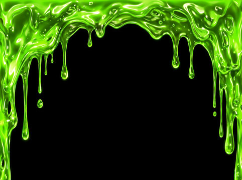 Neon green slime dripping frame on black background, toxic radioactive liquid border with glossy viscous texture. Vibrant lime goo melting from top and sides