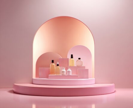 Cosmetics arranged on a pedestal with arches in gradient pink hues, soft lighting