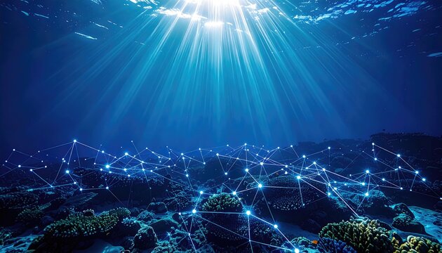 Deep blue ocean scene with network visualization overlaid on a coral reef, illuminated by sunbeams from the surface