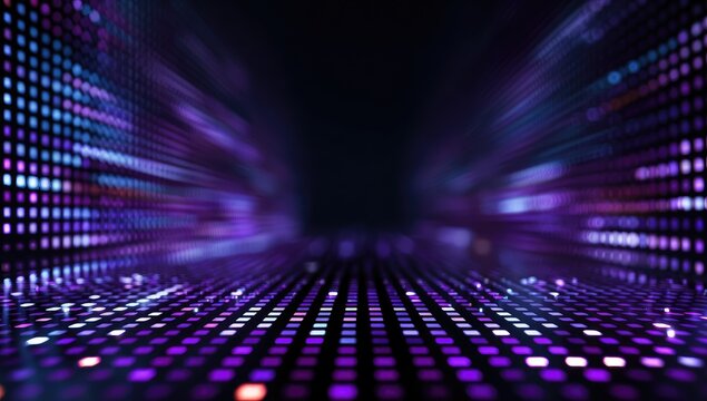 Digital abstraction with rows and columns of vibrant, glowing dots, with a shallow depth of field, leading to a dark center