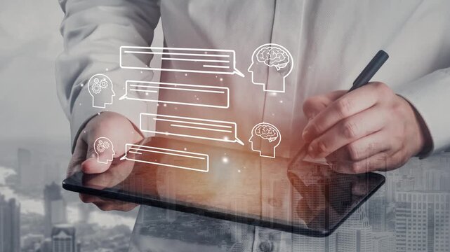 Businessman Using Digital Tablet for Communication and Brainstorming in Urban Environment with Chat Bubbles and Thought Icons. Entropy.